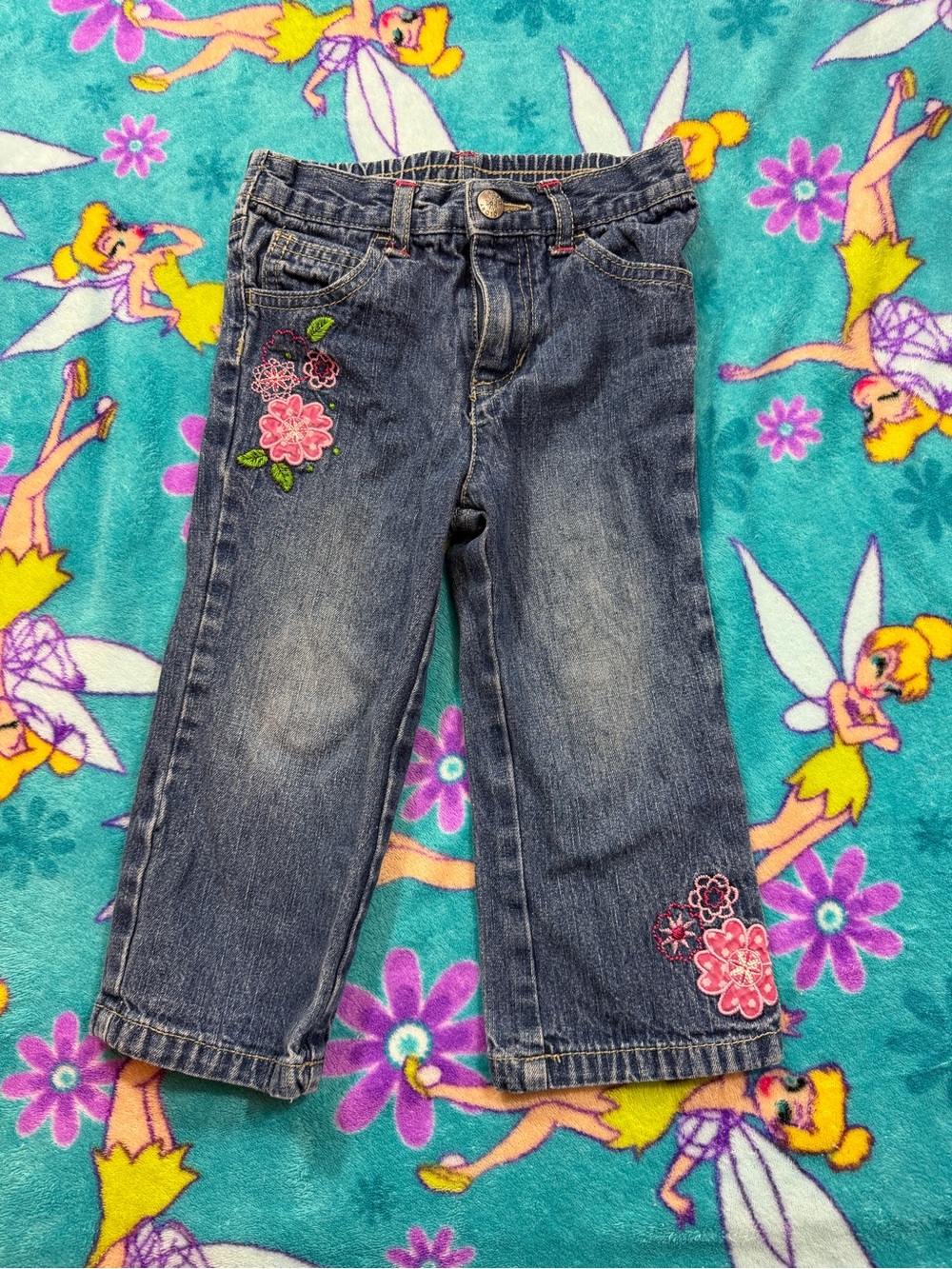 Faded Glory 24M Toddler Girl Floral Embroidered Blue Jeans Elastic Waist